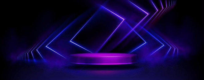 cylinder flying podium with neon glowing abstract geometric shapes on wall and smoke clouds. realistic 3d vector illustration of purple and blue luminous hi tech product platform on dark background.