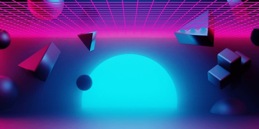 3d illustration rendering of gaming abstract background in scifi cyberpunk style and neon stage display showcase