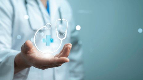 medical worker with a plus icon represents the healthcare and medical industry, symbolizing health insurance and the health concept, highlighting access to welfare, health services, and copy space.