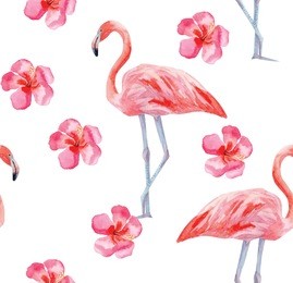 flamingo and hibiscus watercolor seamless background