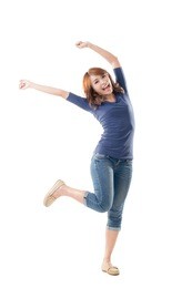 excited asian young girl, full length portrait isolated.