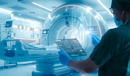 doctor work with tablet computer,digital healthcare technology,system analysis network connection hologram virtual screen interface,online medical examination analysis report,surgical operation room