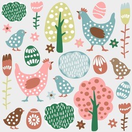 cute colorful seamless easter spring vector pattern with hand drawn hens, chickens, eggs and flowers