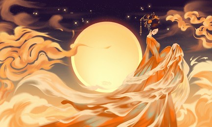 oriental goddess, mid-autumn festival chang 'e figure illustration, ancient oriental costumes