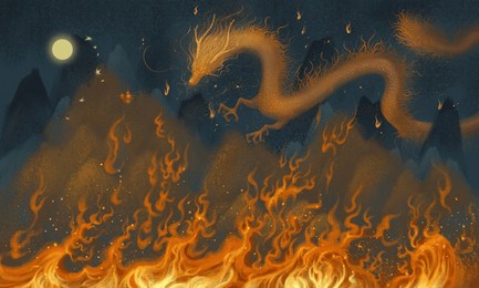 the ancient chinese dragon, the dragon and flames of the east, classical style painting