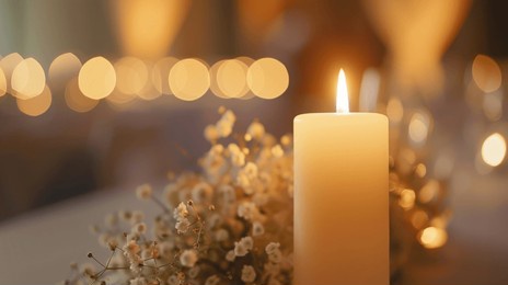beautiful candle scene with warm bokeh and white flowers for peaceful ambiance. an elegant candle scene with delicate white flowers and a soft, calming background.