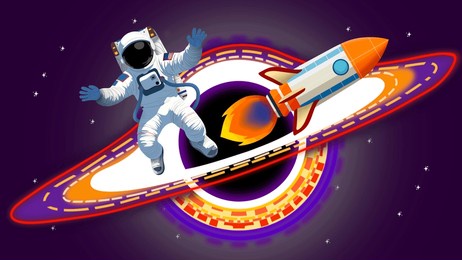 black holes swallow everything, astronaut exploring the cosmos with a spaceship, rocket ship with fire flames from engine, physics and chemistry, spacetime, a spaceship is sucked into a black hole