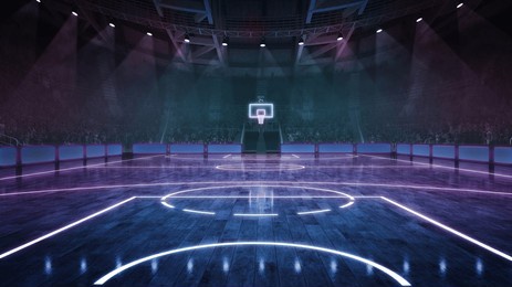 futuristic basketball stadium, empty arena illuminated by neon spotlights with crowdy stages ready to watch final game. 3d render. concept of sport, competition, championship, action and motion. ad