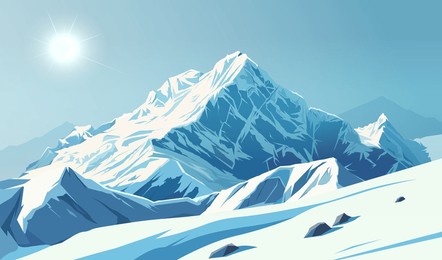 snow-covered mountains under a bright sun on a clear blue sky background. concept of winter. vector illustration