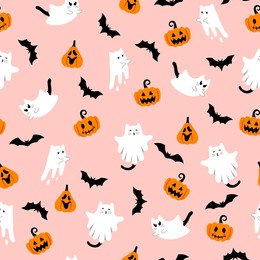 cute halloween pattern with ghost cats, bats, pumpkins on pink background. vector flying halloween characters, cartoon kittens spirit. kawaii ghost print for fabric texture, decoration, wrapping paper