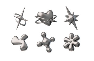 3d glossy chrome shapes vector set in retro y2k style. render liquid metallic stars, heart, flower and blob splash forms. volume steel melting or silver icons. 2000s aesthetic design elements