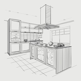 interior sketch of modern kitchen with island.
