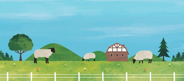 grass field landscape of a sheep and farm watercolor