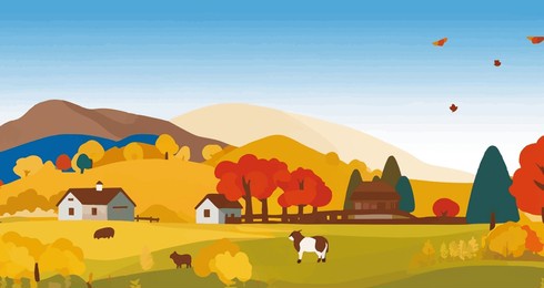 panoramic of countryside landscape in autumn vector illustration