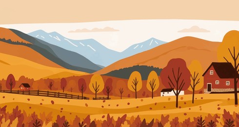 panoramic of countryside landscape in autumn vector illustration