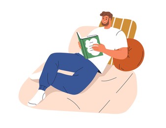 man reading book, relaxing, lying at home. happy male character enjoying interesting literature, novel, resting on sofa at leisure time. flat vector illustration isolated on white background