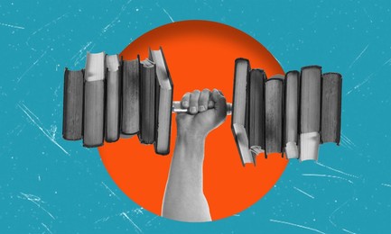 a human hand holding many books on a blue background. modern art collage. concept of education, reading, and knowledge.