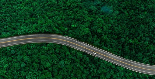 top view of a white electric car driving  dark green forest road, which is an elevated road that surrounds natural forest. concept of using electric cars to protect the environment and transportation.