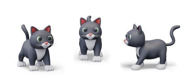 gray cat in cartoon style. 3d model of domestic animal. fluffy pet, view from different sides