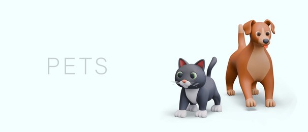 pets concept. cute 3d cat and dog. fluffy domesticated animals