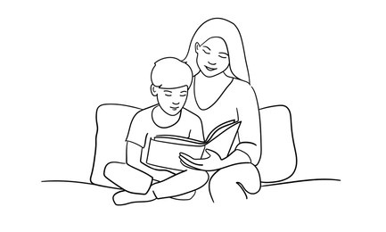 mother and son reading a book continuous line art drawing isolated on white background. vector illustration