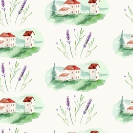 vector watercolor provence chalet and lavender seamless pattern. it can be used for wallpaper, fabric design, textile design, cover, wrapping paper, banner, card, background