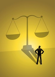 an illustration of a man casting a shadow of a justice scale on a wall as a symbol for a legal counselor. lawyer concept and attorney symbol
