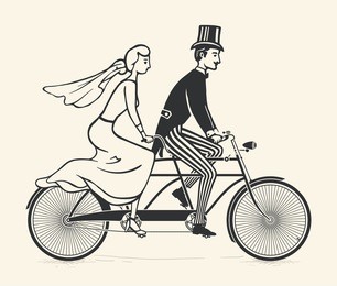 illustration of bride and groom riding a vintage tandem bicycle over white background