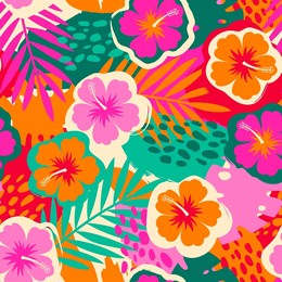 colorful hibiscus flower with tropical leaf seamless pattern design for summer holidays background.