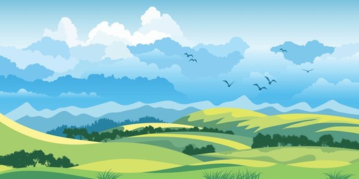 view of summer landscape, green meadows and hills, vector illustration