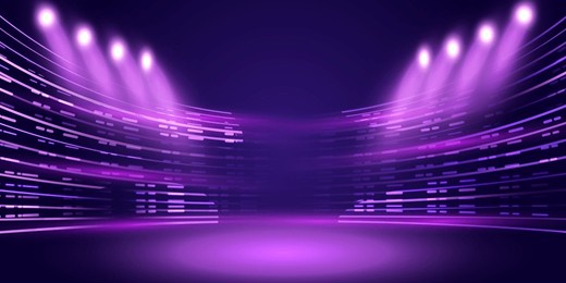 realistic stadium background with purple glowing neon lamps and light lines in futuristic concept design. technology game studio vector. disco club concert spotlight poster.