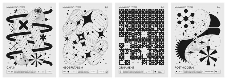 brutalist style vector minimalistic posters with silhouette basic figures, retro futuristic graphic elements of geometrical shapes rave composition, modern monochrome print artwork, set 66