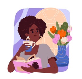 woman copes with stress. girl read book with tea. love for reading and literature. awareness and mindfulness, mental health care. cartoon flat vector illustration isolated on white background