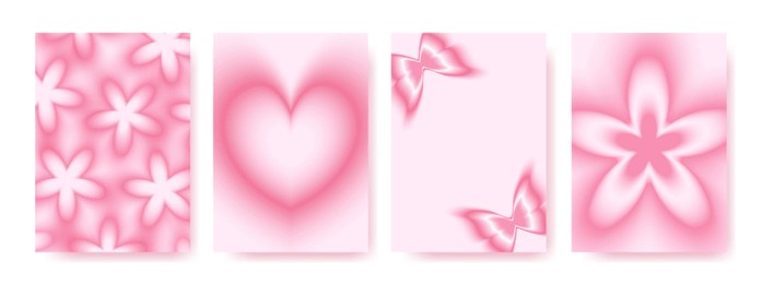 y2k background with blurry romantic shapes. heart, flower, butterfly gradient elements 2000s style. trendy templates for posters, cards and covers.