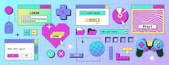 old desktop pc screen elements in y2k style. retro computer interface with login box, buttons, message frames, windows, folder with files, game controller, search bar, pixel heart icon. geek stickers.