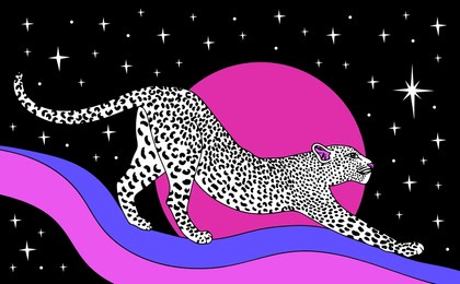 psychedelic white leopard in space. retro y2k style poster