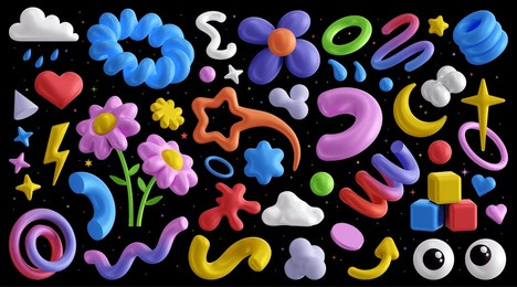 collection of abstract colorful realistic 3d objects. gradient lines, geometric and fluid shapes, spirals, arrow. vector set icons