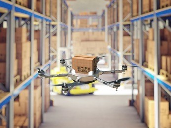 drone work in classic warehouse 3d image