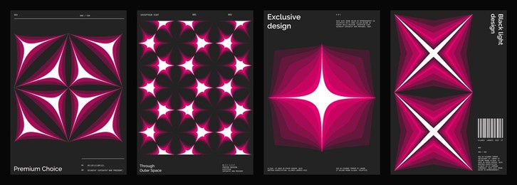 abstract poster design set. vertical format wall art, interior mockup. magenta, white, black composition. geometric neon illustration with space and y2k style elements.