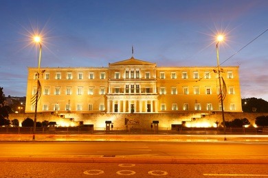 building of greek parliament in syntagma square, athens.