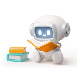 3d chat bot. robot sits and reads books, studies information, learns. robotic machine with artificial intelligence. small online virtual assistant. vector illustration isolated on white background.