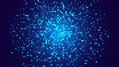 digital pixel explosion. abstract virtual cyber space data flow. halftone pixel effect round explosion. vector illustration.