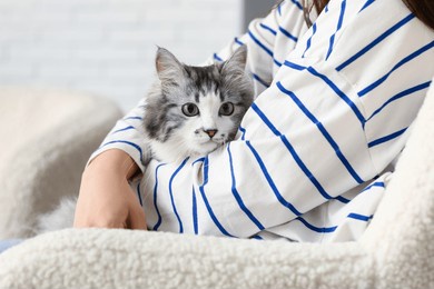 young woman with adorable longhaired cat on sofa in living room