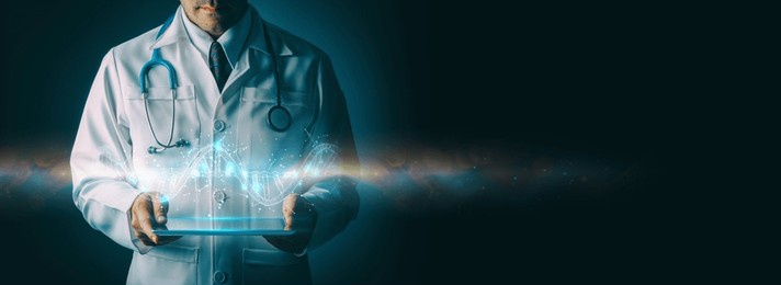 medical professional using futuristic digital tablet technology. healthcare innovation, patient treatment, doctor analyzing virtual data interface, medical technology advancements, modern healthcare.