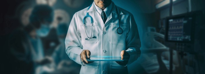 doctor utilizing advanced digital tablet technology in modern healthcare. medical professional in operating room analyzing real-time patient data, cutting-edge medical innovations and solutions.