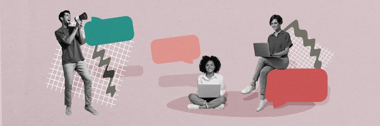 composite panoramic collage of happy business colleagues office message correspondence type laptop mind isolated on painted background