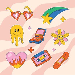 set of vintage groovy elements and characters. y2k cute flower stickers. pop art happy positive vector patches.
