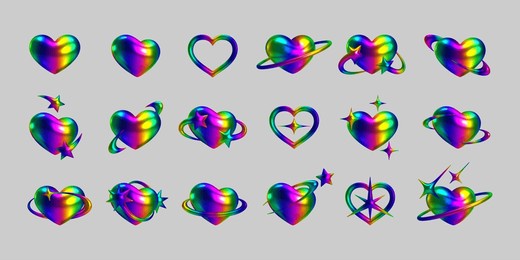 3d holographic rainbow hearts with shiny metallic surface in y2k style. glossy hearts with iridescent chrome effect. perfect for futuristic, sci-fi, and modern design. trendy retro vector illustration