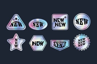 y2k holographic stickers set. new text for sale label tags. retro gradient foil shapes and futuristic labels.