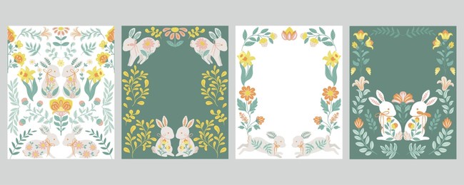 a set of easter vector cards in folk style featuring bunnies and botanical patterns, perfect for holiday greetings, festive decorations, gift tags, and seasonal crafts. 
